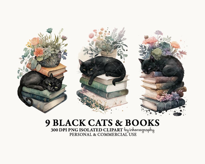 May include: Nine black cats are depicted sleeping on stacks of vintage books. Each cat is surrounded by a bouquet of flowers in a pot. The image is a digital illustration with a watercolor style.