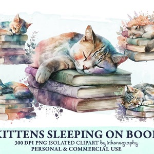 Ensemble de cliparts mignons chatons aquarelles dormant sur une pile de livres, bibliothèque personnelle, rat de bibliothèque png, lecture confortable, illustrations de chats aquarelles