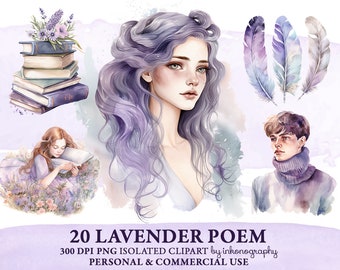 Watercolor Lavender Poet Clipart Bundle, Bookworm Png Beautiful Girl Cute Boy Boyfriend Clipart Journaling Planner Reading Book Lover Writer