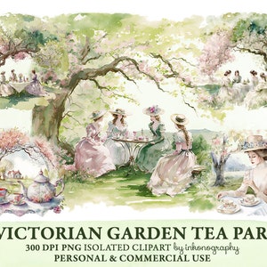 Pacchetto di clipart per il tea party in giardino dell'acquerello, Png, Cottagecore, clipart romantico, donne vittoriane, ragazza pianificatrice, scrapbooking per l'ora del tè