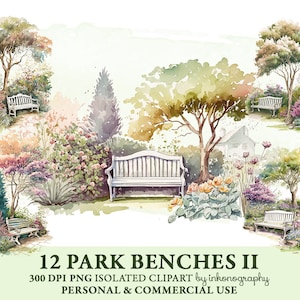May include: Twelve watercolor illustrations of white park benches in various garden settings. Each bench is surrounded by lush greenery, flowers, and trees. The illustrations are in a soft, romantic style.