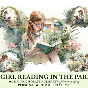Pacchetto di clipart acquerello ragazza che legge, Png, clipart ragazza studentessa, ragazza che legge libro png, topo di biblioteca png, apprendimento, pacchetto clipart amante del libro