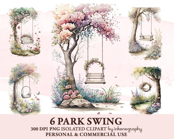 Watercolor Tree Swing Clipart Bundle, Png, Fairytale Clipart, Spring Trees, Garden Clipart, Fantasy Illustration, Nursery, Watercolor Fairy