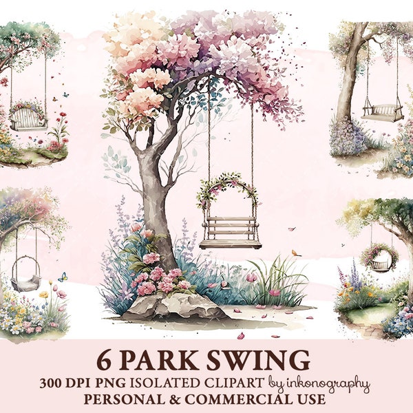 Watercolor Tree Swing Clipart Bundle, Png, Fairytale Clipart, Spring Trees, Garden Clipart, Fantasy Illustration, Nursery, Watercolor Fairy