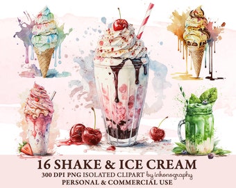 Shake & Ice Cream Clipart Bundle, Green Smoothie, Dessert Clipart, Strawberry Milkshake Chocolate Ice Cream Summer Drinks Watercolor Sweets