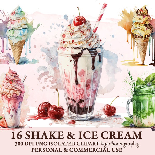 Shake & Ice Cream Clipart Bundle, Green Smoothie, Dessert Clipart, Strawberry Milkshake Chocolate Ice Cream Summer Drinks Watercolor Sweets