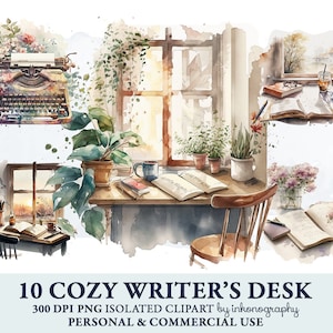 Cute Watercolor Planner Clipart Bundle, Watercolor Scenes, Writer Author Desk Clipart, Coffee Png, Flower, Cottagecore, Academia Scrap Book