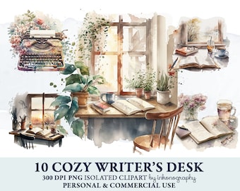 Cute Watercolor Planner Clipart Bundle, Watercolor Scenes, Writer Author Desk Clipart, Coffee Png, Flower, Cottagecore, Academia Scrap Book