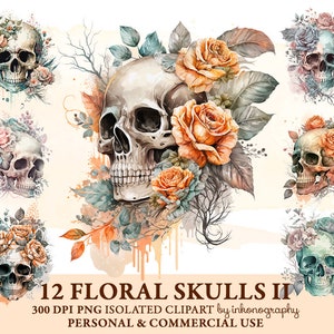 Watercolor Floral Skull Png, Skull Clipart Bundle, Skull Sublimation Designs, Boho Flower Skull Clipart Floral Orange Design Digital Art
