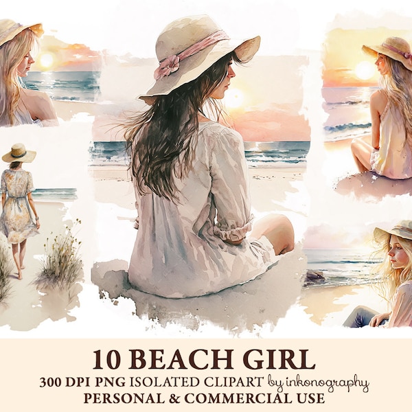 Watercolor Beach Girl Clipart Bundle, Boho Fashion Girl Png Summer Vacation Ocean Watercolor Scenes Landscape, Instant Download Scrapbooking