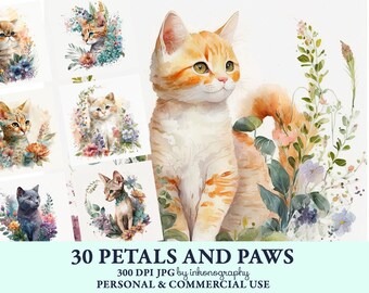 Watercolor Floral Cats Clipart Bundle, Watercolor Clipart, Digital Download, Kittens Animals, Cottagecore Kitty Cute Animals Illustrations