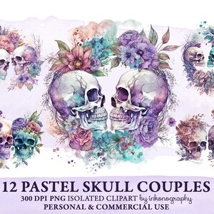 Pastel Watercolor Skull Couple Clipart, Png, Watercolor Skull Clipart Bundle, Watercolor Wedding, Gothic Wedding, Floral Skull Clipart, Png