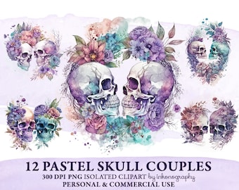 Pastel Watercolor Skull Couple Clipart, Png, Watercolor Skull Clipart Bundle, Watercolor Wedding, Gothic Wedding, Floral Skull Clipart, Png