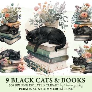 May include: Nine black cats are depicted sleeping on stacks of books. Each cat is surrounded by flowers and greenery. The image is a digital illustration with a watercolor style.