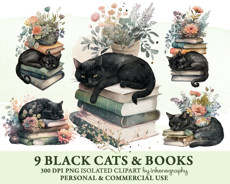 May include: Nine black cats are depicted sleeping on stacks of books. Each cat is surrounded by flowers and greenery. The image is a digital illustration with a watercolor style.