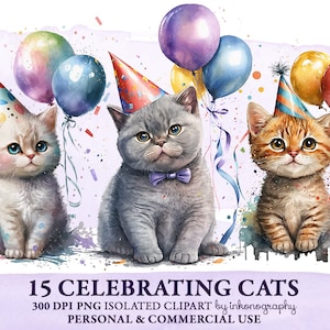 Geburtstag Katzen Clipart Bundle Niedliche Aquarell Kätzchen PNG Lustige Katzen Geburtstag Party Karte druckbare Aquarell Britische Katzen Digital Download