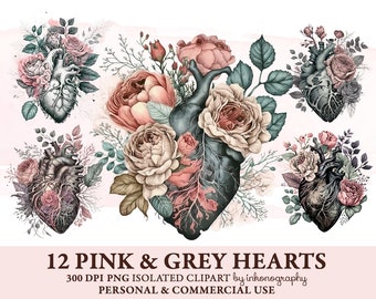 Watercolor Floral Heart Clipart Bundle, Anatomy Heart Png, Gothic Decor, Digital Clipart, Instant Download, Commercial Use Pink Grey Hearts