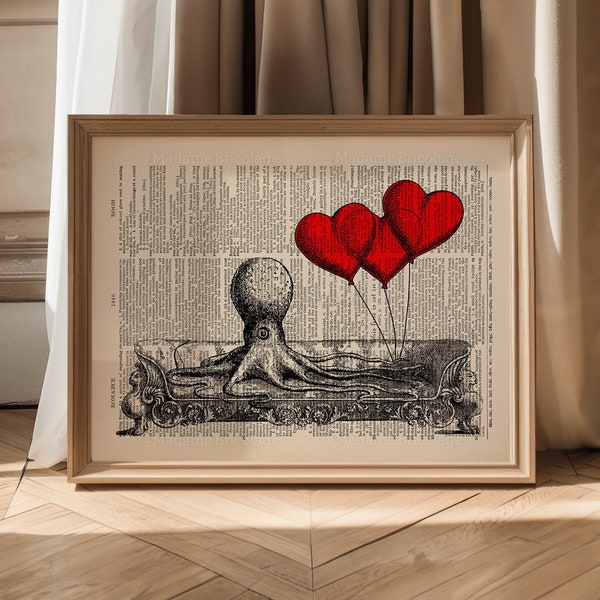 Pulpo del corazón, pulpo en el sofá, regalo de la mujer de la esposa, regalo del octavo aniversario, día de San Valentín, su 30 cumpleaños, cartel del amor del regalo del arte de la muchacha adolescente 406