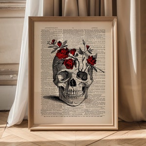 Schädel Kunstdruck Anatomie Kunst Schädel Illustration Schädel Collage Schädel-Wand-Dekor Skelett Wand Kunst Wörterbuch Kunstdruck Skelett Rote Rosen 429