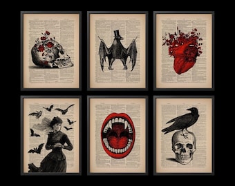 May include: Six framed prints with a vintage aesthetic. Each print features a different gothic-inspired image, including a skull with flowers, a bat, a heart, a mouth, a raven, and a skull with a raven.