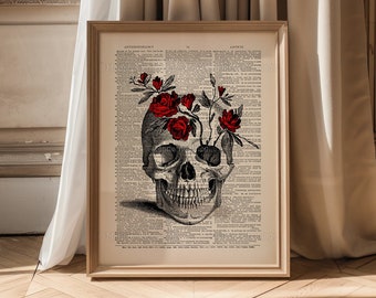 Skull Flowers, Real Skull Decor, Sister Gift, College Dorm Print, Red Rose Decor, Wife Xmas Gift, Rustic Bathroom, Art Print Vintage 429