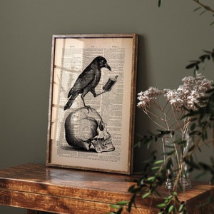 Gothic Home Decor Vintage, Victorian Gothic Home Decor Wall Art, Skull and Raven, Dictionary Art, Gothic Boho Home Decor for Home,   542