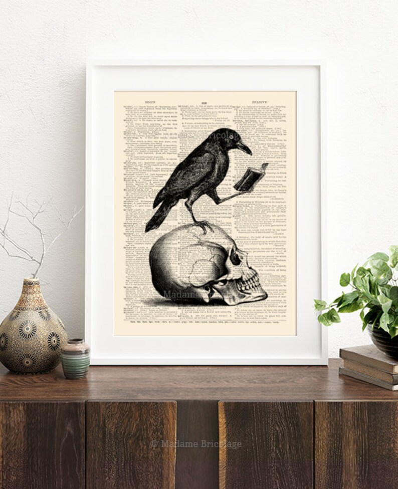 Skull with Raven Edgar Allan Poe Raven Nevermore Book Reading | Etsy