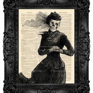 May include: A black and white illustration of a skeleton dressed in a Victorian era gown, with a hat and a scarf. The image is superimposed on a vintage book page with text.