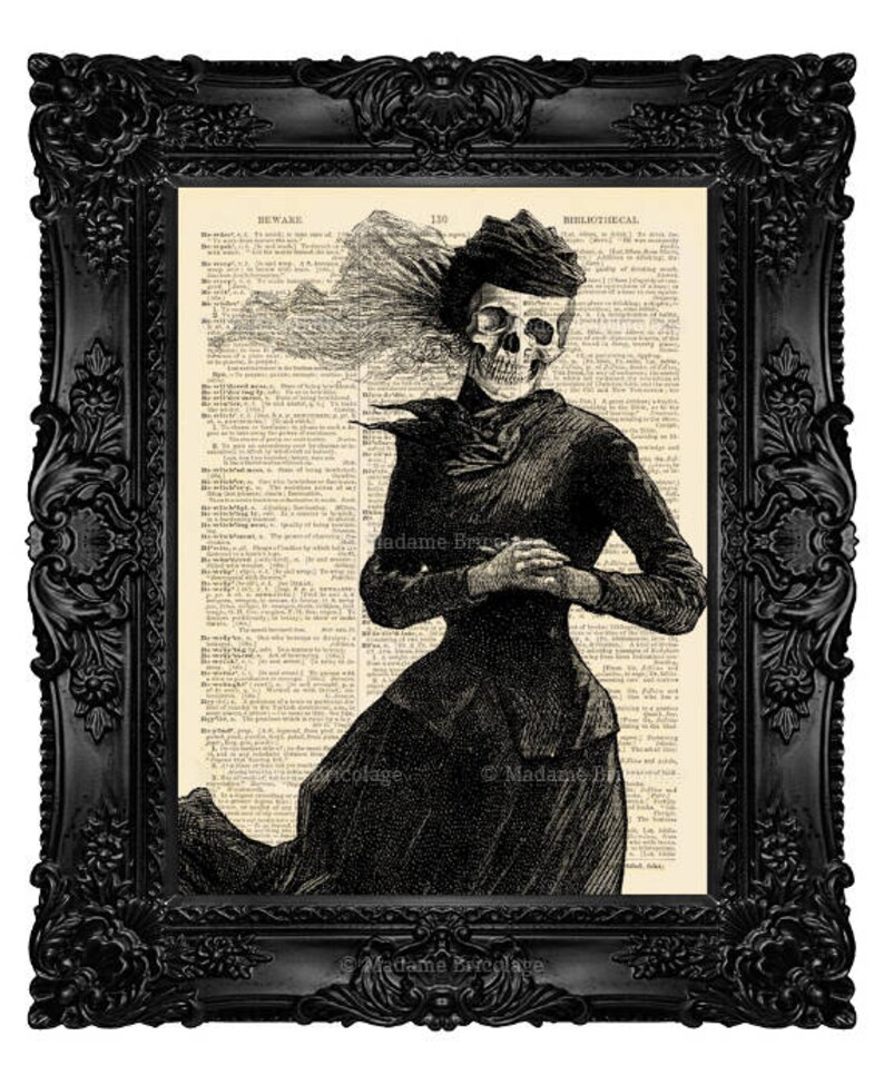 May include: A black and white illustration of a skeleton dressed in a Victorian era gown, with a hat and a scarf. The image is superimposed on a vintage book page with text.