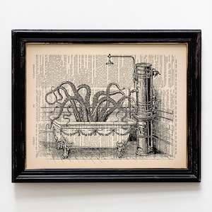 Octopus in Bathtub Art Print, Funny Victorian Bathroom Wall Decor, Victorian Animals, Vintage Animal Prints, Tentacle Cthulhu Decor 078