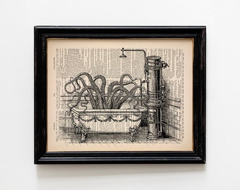 Pulpo en bañera lámina, divertida decoración de pared de baño victoriano, animales victorianos, estampados de animales vintage, decoración de tentáculo Cthulhu 078