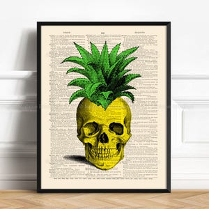 Cool Pineapple, Skull Flowers Decor, Gifts For Him, Skull Artwork, Friend Gift Print, Cool Groomsmen Gift, Pop Surrealism, Funny Wall  465