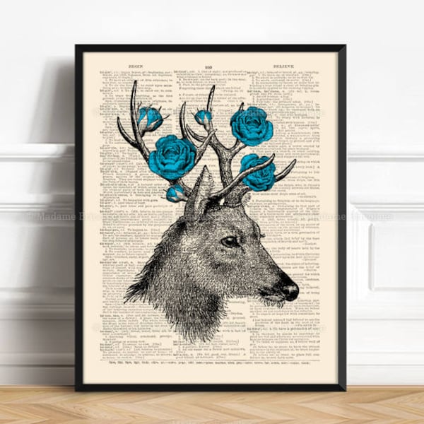 Deer Roses Antlers, Stag Home Decor, Gift For Him, Deer Silhouette Art Father Xmas Gift Her 20th Birthday Nursery Print Deer Grandfather 373