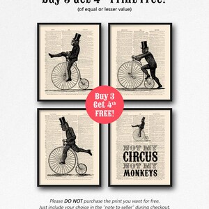 Pode incluir: Quatro ilustra&ccedil;&otilde;es em preto e branco de macacos a andar de bicicleta. O texto "Buy 3 Get 4th Print Free!" est&aacute; no topo da imagem. O texto "Buy 3 Get 4th FREE!" est&aacute; numa caixa vermelha no meio da imagem. O texto "NOT MY CIRCUS NOT MY MONKEYS" est&aacute; na ilustra&ccedil;&atilde;o inferior direita. O texto "Please DO NOT purchase the print you want for free. Just include your choice in the "note to seller" during checkout." est&aacute; na parte inferior da imagem.