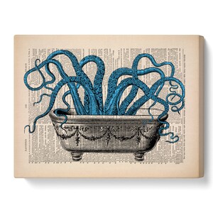May include: A blue octopus with many tentacles is in a vintage style bathtub. The bathtub is decorated with ornate details. The image is printed on a vintage book page.