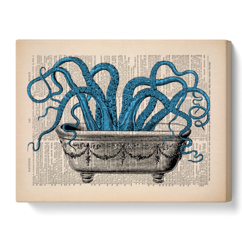 May include: A blue octopus with many tentacles is in a vintage style bathtub. The bathtub is decorated with ornate details. The image is printed on a vintage book page.