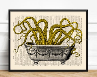 GELB Badezimmer Dekor, Gelb Wandkunst, Kinder Badezimmer, Gelb Badezimmer Kunst, Strandhaus, Gelb Wohnkultur Badezimmer Prints Octopus in Wanne 79