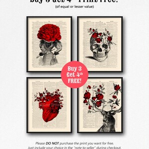 May include: Four printable art prints featuring anatomical illustrations with red roses. The prints include a skull, a heart, a deer, and a woman. The text "Buy 3 Get 4th FREE!" is displayed in red.
