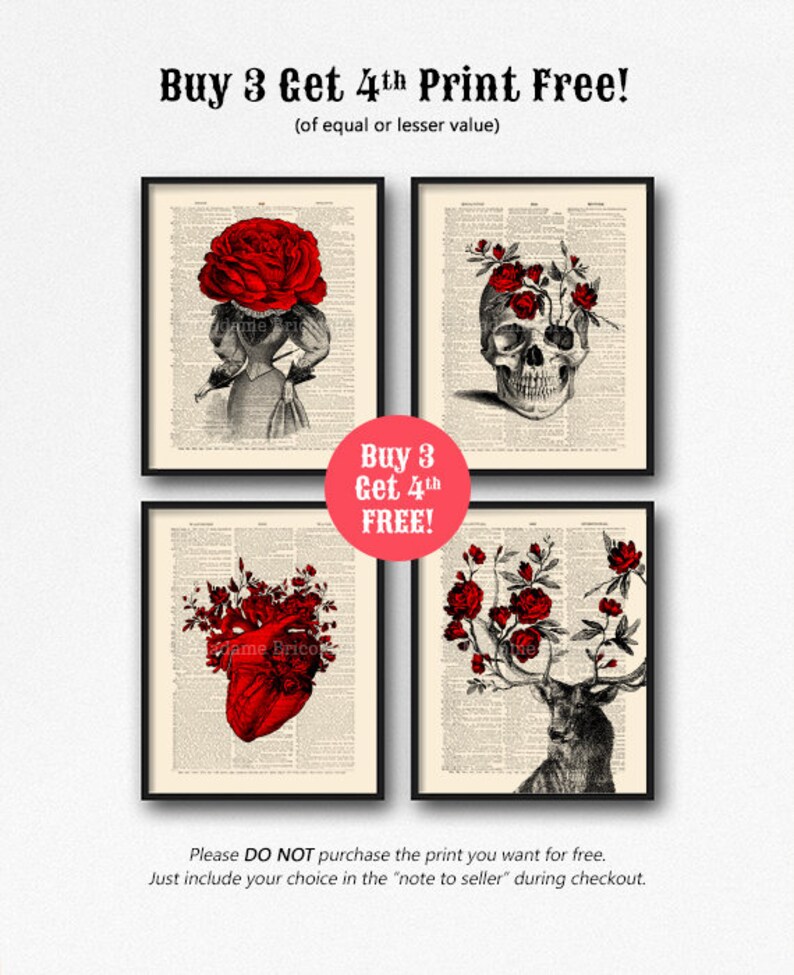 May include: Four printable art prints featuring anatomical illustrations with red roses. The prints include a skull, a heart, a deer, and a woman. The text "Buy 3 Get 4th FREE!" is displayed in red.