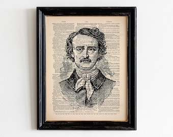 Edgar Allan Poe Portrait, Gothic Home Decor, Dark Academia Art, Edgar Allen Poe Wall Art, Literary Gift Vintage Dictionary Book Page Art 036