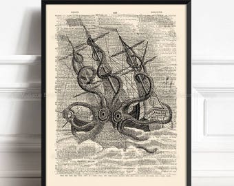Giant Octopus Kraken, Book Lover Gift Art, Giant Squid Attack, Tentacles Wall Decor, Bathroom Art Poster, Father Gift Poster, Literary  217