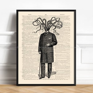 May include: Black and white illustration of a man in a suit and top hat with an octopus for a head. The illustration is printed on a vintage book page with text.