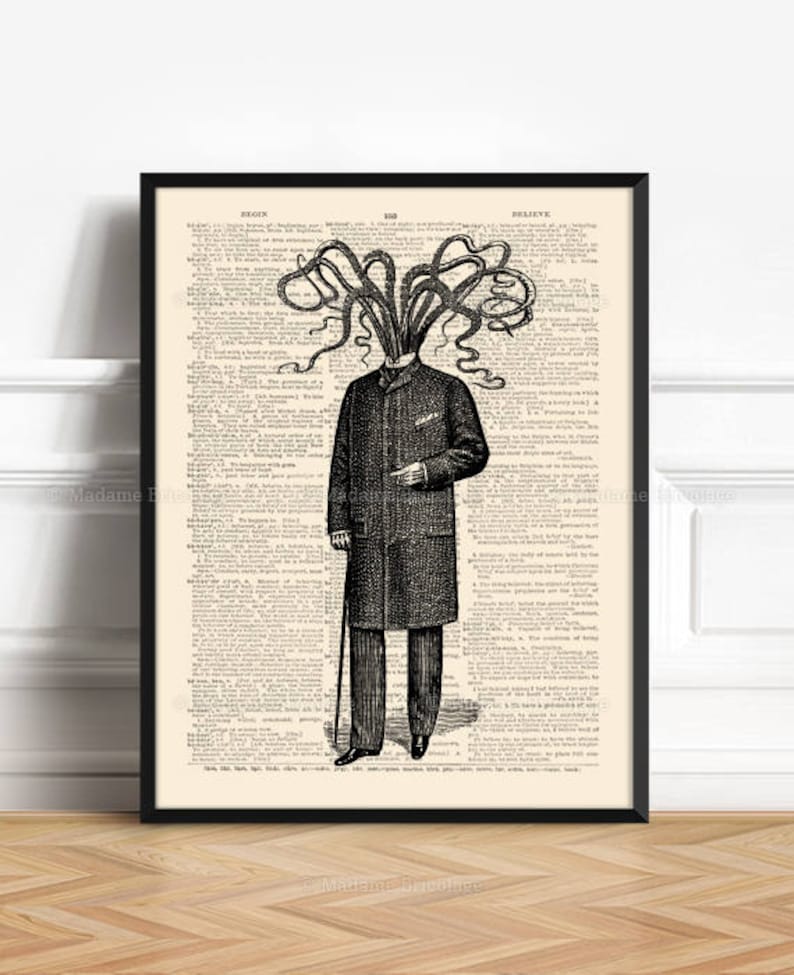 May include: Black and white illustration of a man in a suit and top hat with an octopus for a head. The illustration is printed on a vintage book page with text.