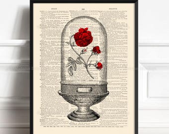 Enchanted Rose, Dome With Red Rose, Beasts Rose Poster, 7th Year Anniversary, 16th Birthday Gift, Gift for Her 5th, Nursery Print Rose,  505