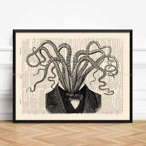 May include: A black and white illustration of a man with an octopus head wearing a suit and bow tie. The image is printed on a vintage book page.