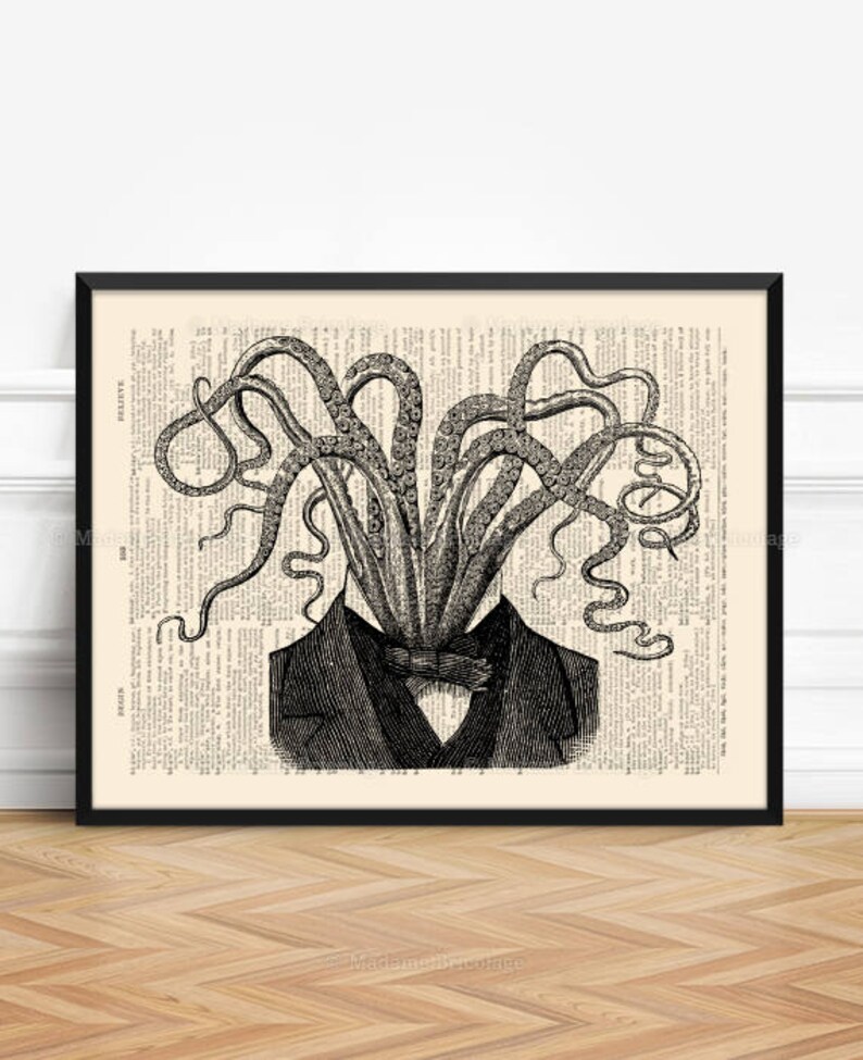 May include: A black and white illustration of a man with an octopus head wearing a suit and bow tie. The image is printed on a vintage book page.