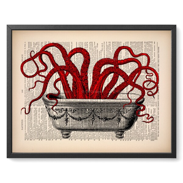 Tentacles Bathroom, Octopus In Bathtub, Victorian Bathroom, Print Bathroom, Coworker Woman Gift, Mom Art Gift, Her 15th Birthday, Cool 513