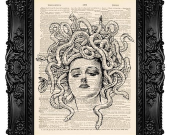 May include: Black and white illustration of Medusa, a Greek mythological figure, with snakes for hair. The illustration is printed on a vintage dictionary page with text surrounding the image. The text includes the words "Thoughtful", "1878", and "Three".