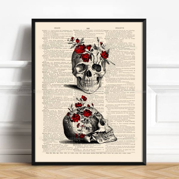 Floral Skull, Husband Wife Gift, Skulls Lover Gift, Sugar Skull Poster, Dark Goth Gift, Skull Book Page, Coworker Man Gift, Funny Dorm  515