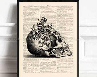 Floral Skull Decor, Printed Woman Gift, Sugar Skull Decor, Skull Poster Decor, Her 18th Birthday, Anatomy Poster Gift, Vintage Apartment 166